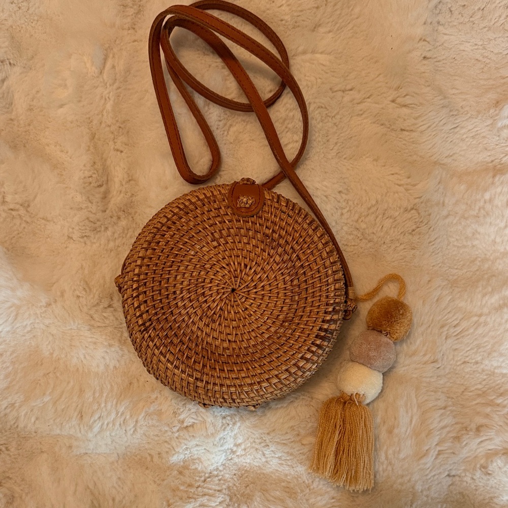 Round Woven Crossbody Bag with Tassel - Brown